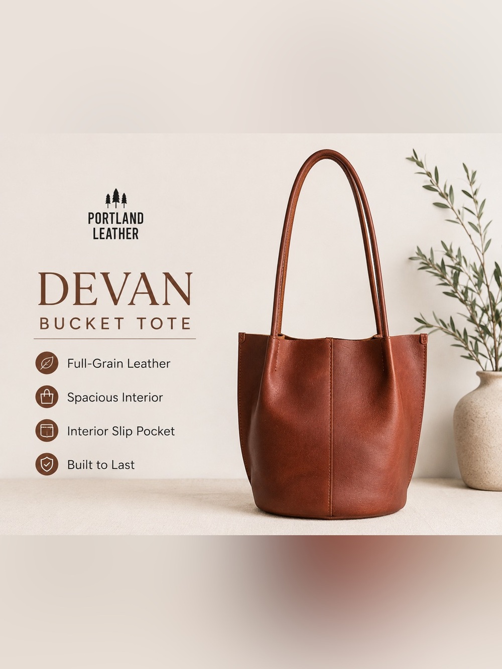 Portland Leather Devan Bucket Tote – Brown Full Grain Leather